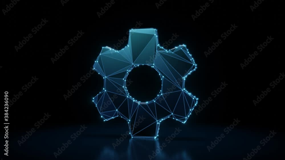 Poster 3d rendering 4k fly through wireframe neon glowing symbol of cogwheel with bright dots on dark backg
