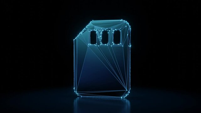 3d rendering 4k fly through wireframe neon glowing symbol of memory card  with bright dots on dark background with blured reflection on floor