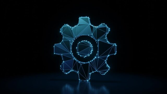 3d rendering 4k fly through wireframe neon glowing symbol of cogwheel with bright dots on dark background with blured reflection on floor