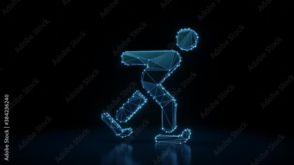 Poster 3d rendering 4k fly through wireframe neon glowing symbol of skating figure with bright dots on dark