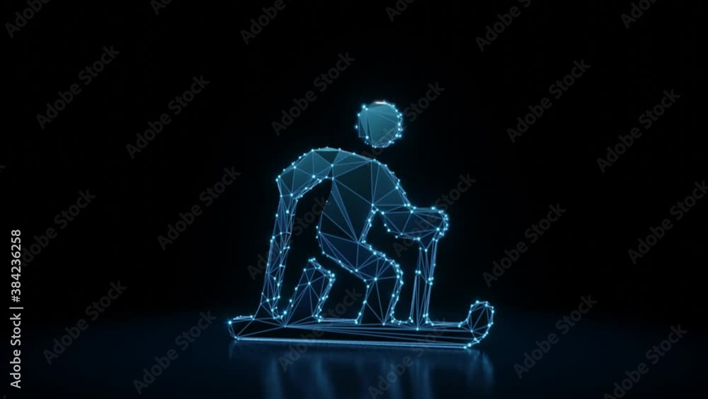 Poster 3d rendering 4k fly through wireframe neon glowing symbol of skiing nordic figure with bright dots o