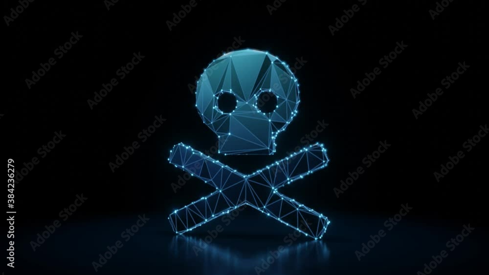 Poster 3d rendering 4k fly through wireframe neon glowing symbol of skull and crossbones with bright dots o