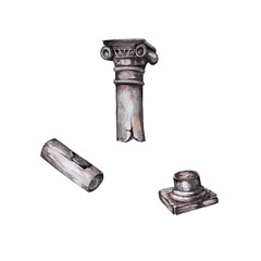 Set of old column parts. Antique architectural ruins.  Halloween and mystic individual decorations. Watercolor hand painted isolated elements on white background.
