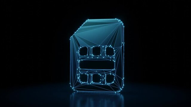 3d rendering 4k fly through wireframe neon glowing symbol of memory card with bright dots on dark background with blured reflection on floor