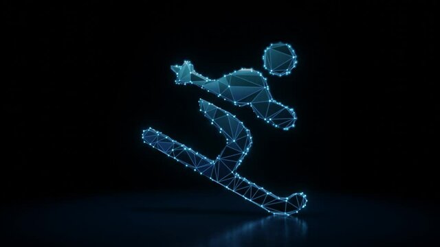 3d rendering 4k fly through wireframe neon glowing symbol of skiing figure with bright dots on dark background with blured reflection on floor