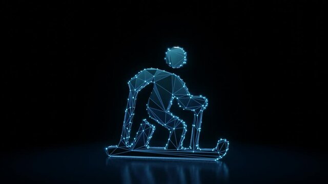 3d rendering 4k fly through wireframe neon glowing symbol of skiing nordic figure with bright dots on dark background with blured reflection on floor