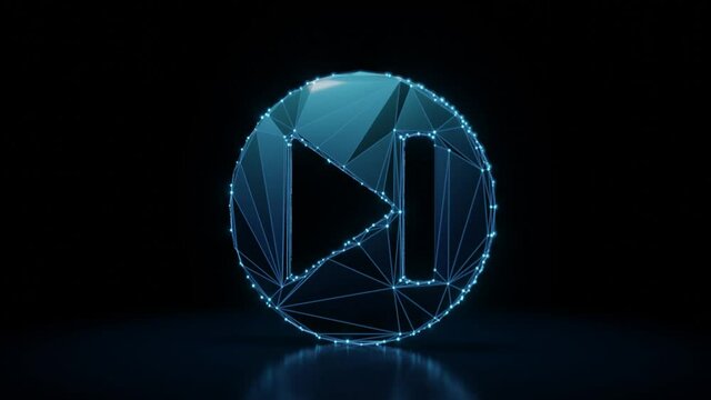 3d rendering 4k fly through wireframe neon glowing symbol of skip symbol in circle with bright dots on dark background with blured reflection on floor