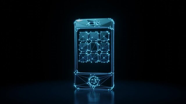 3d rendering 4k fly through wireframe neon glowing symbol of smartphone with menu on screen with bright dots on dark background with blured reflection on floor