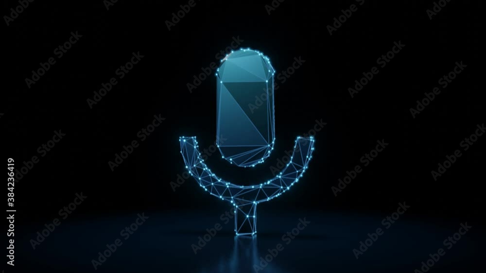 Poster 3d rendering 4k fly through wireframe neon glowing symbol of microphone with bright dots on dark bac