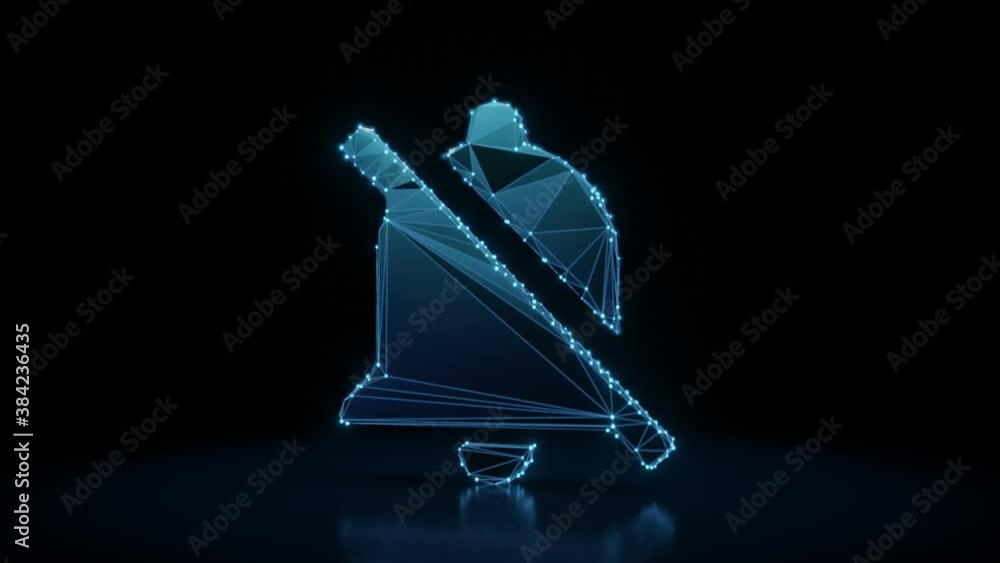 Poster 3d rendering 4k fly through wireframe neon glowing symbol of bell slash with bright dots on dark bac