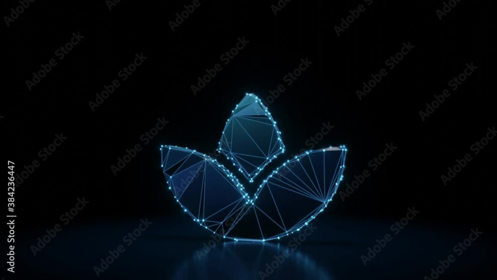 Poster 3d rendering 4k fly through wireframe neon glowing symbol of lotus flower with bright dots on dark b
