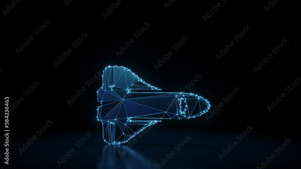 Poster 3d rendering 4k fly through wireframe neon glowing symbol of space shuttle with bright dots on dark 