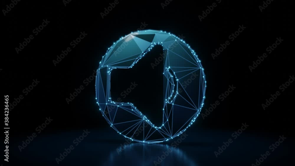Poster 3d rendering 4k fly through wireframe neon glowing symbol of speaker in circle low with bright dots 