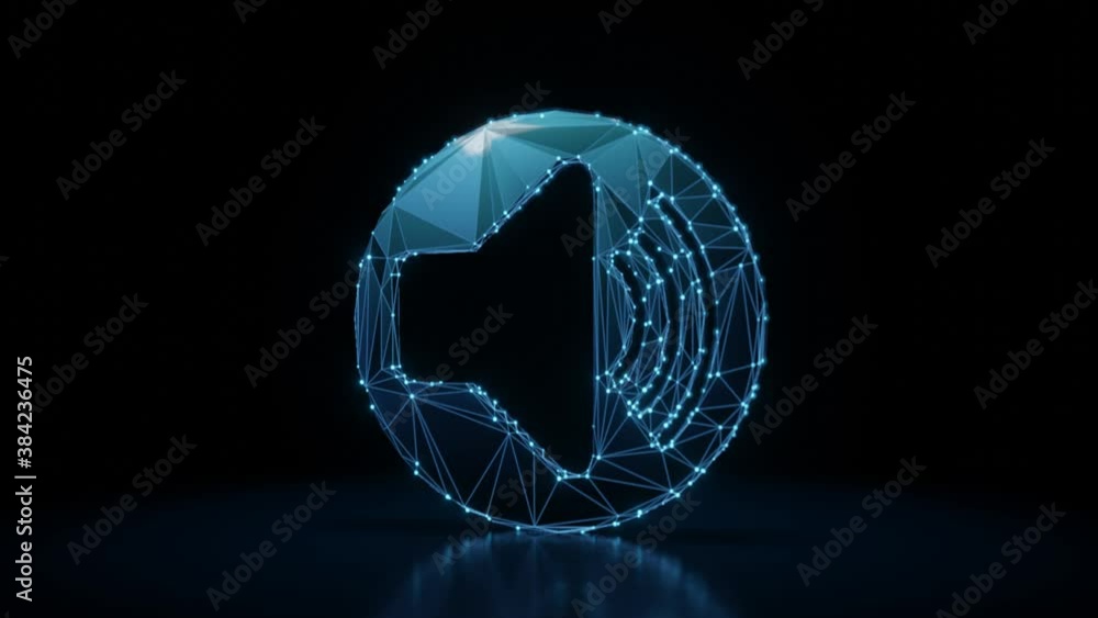 Poster 3d rendering 4k fly through wireframe neon glowing symbol of speaker in circle high with bright dots
