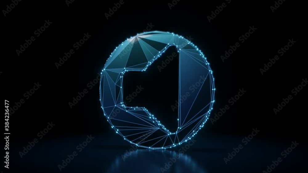 Poster 3d rendering 4k fly through wireframe neon glowing symbol of speaker in circle off with bright dots 