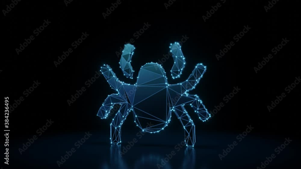 Poster 3d rendering 4k fly through wireframe neon glowing symbol of spider with bright dots on dark backgro