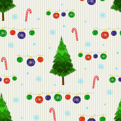 Seamless Christmas pattern with Christmas trees, Christmas balls and snowflakes for wrapping paper, cards