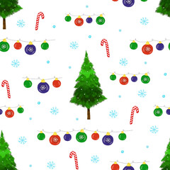 Seamless Christmas pattern with Christmas trees, Christmas balls and snowflakes for wrapping paper, cards