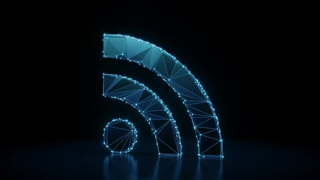 3d rendering 4k fly through wireframe neon glowing symbol of rss icon with bright dots on dark background with blured reflection on floor