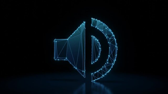 3d rendering 4k fly through wireframe neon glowing symbol of speaker loud with bright dots on dark background with blured reflection on floor