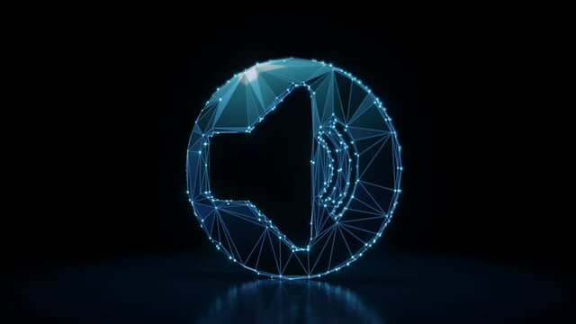 3d rendering 4k fly through wireframe neon glowing symbol of speaker in circle middle with bright dots on dark background with blured reflection on floor