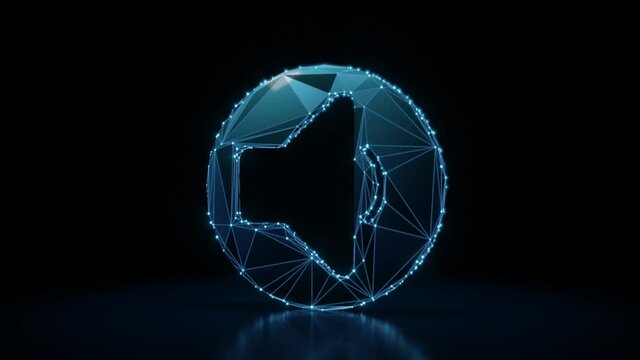 3d rendering 4k fly through wireframe neon glowing symbol of speaker in circle low with bright dots on dark background with blured reflection on floor