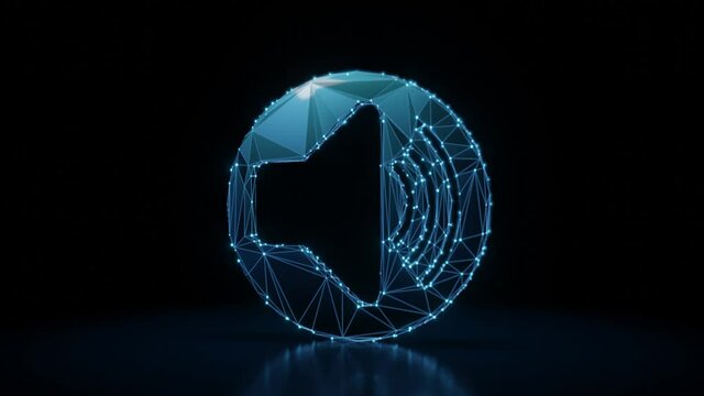 3d rendering 4k fly through wireframe neon glowing symbol of speaker in circle high with bright dots on dark background with blured reflection on floor
