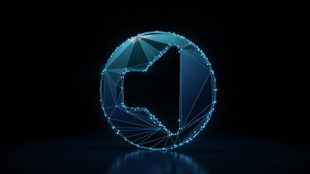 3d rendering 4k fly through wireframe neon glowing symbol of speaker in circle off with bright dots on dark background with blured reflection on floor