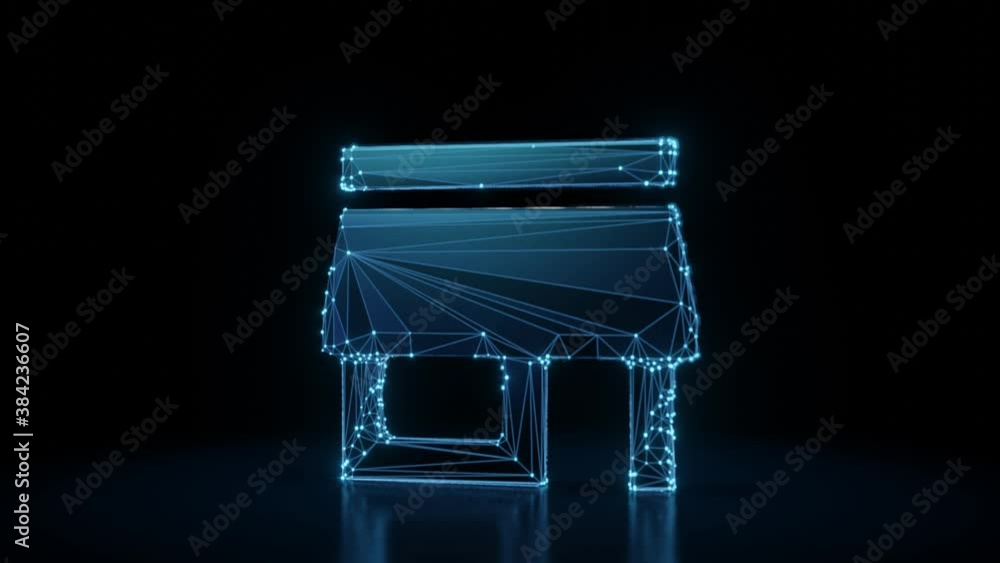 Poster 3d rendering 4k fly through wireframe neon glowing symbol of store with straight roof with bright do