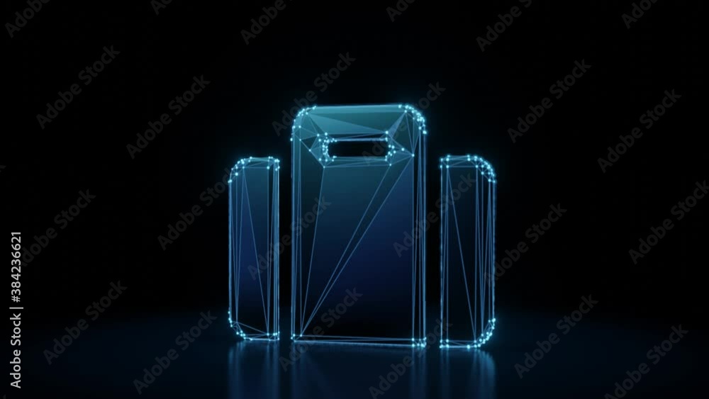 Poster 3d rendering 4k fly through wireframe neon glowing symbol of suitcase with bright dots on dark backg