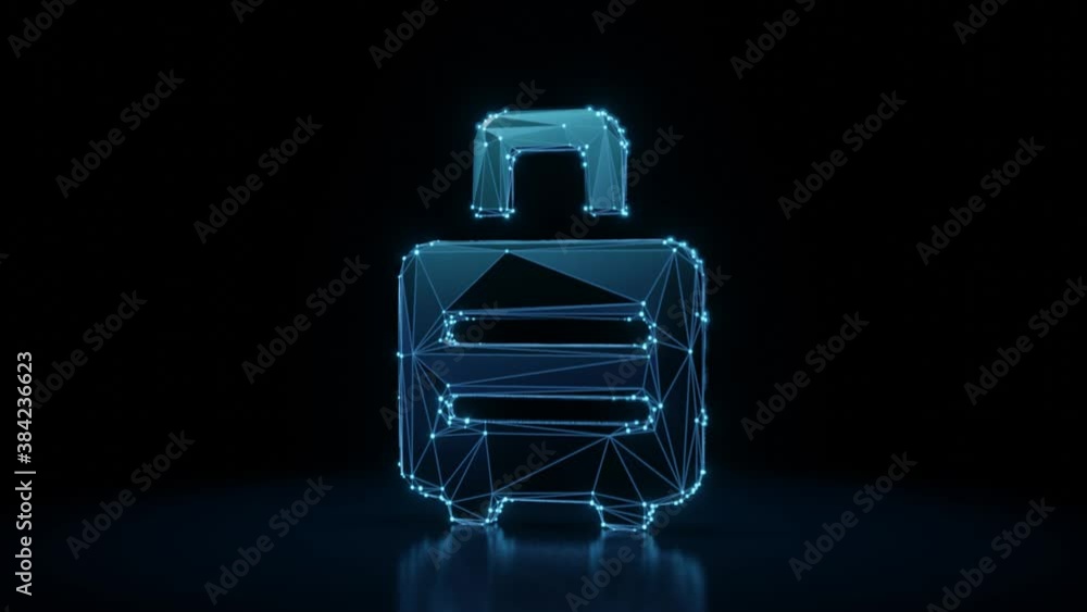 Poster 3d rendering 4k fly through wireframe neon glowing symbol of suitcase with wheels with bright dots o