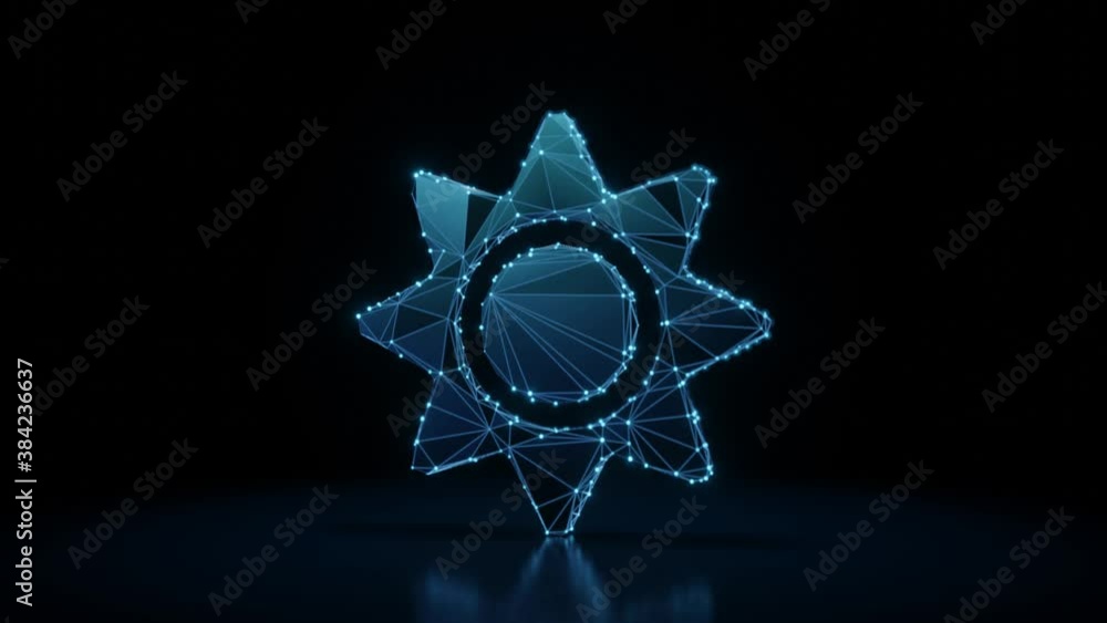 Poster 3d rendering 4k fly through wireframe neon glowing symbol of sun with rays with bright dots on dark 