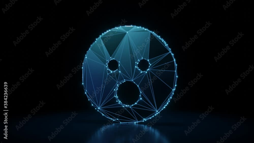 Poster 3d rendering 4k fly through wireframe neon glowing symbol of surprise emoticon with bright dots on d
