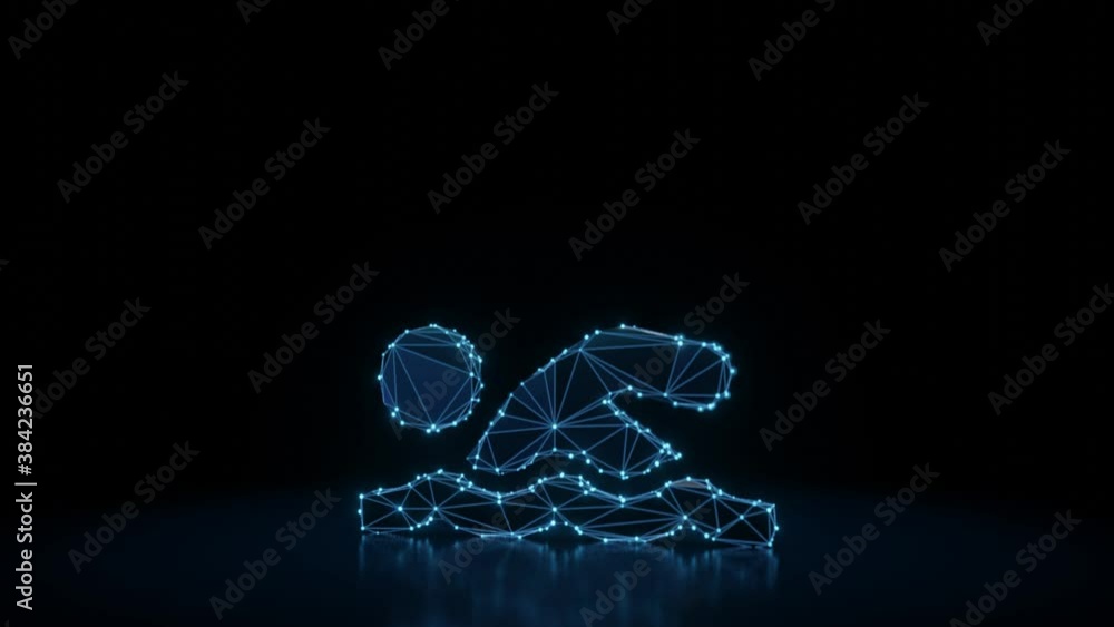 Poster 3d rendering 4k fly through wireframe neon glowing symbol of swimmer with bright dots on dark backgr