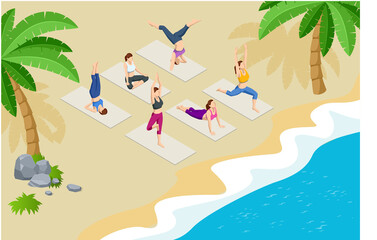 Isometric group of adults attending a yoga class outside by the sea on the beach. Healthy life concept.