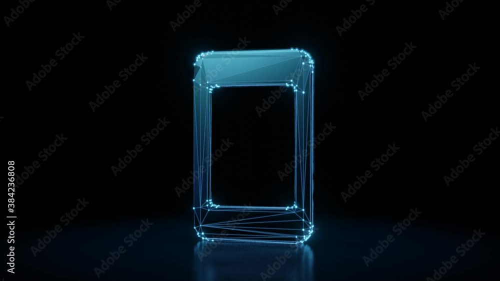 Poster 3d rendering 4k fly through wireframe neon glowing symbol of mobile phone with bright dots on dark b