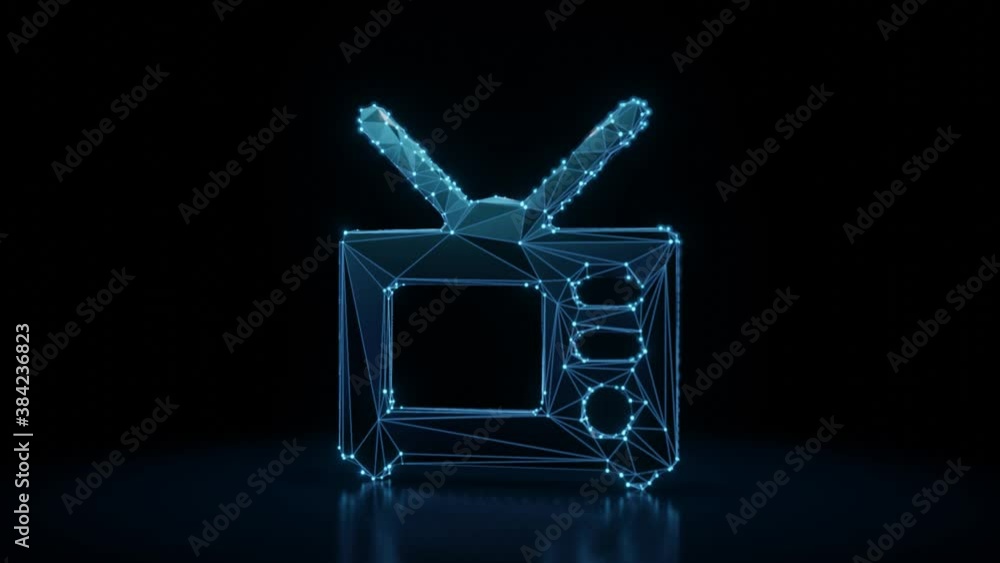 Poster 3d rendering 4k fly through wireframe neon glowing symbol of old television with bright dots on dark