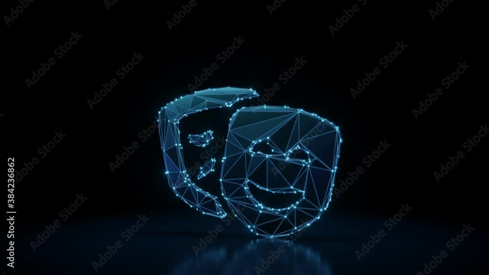Aufkleber 3d rendering 4k fly through wireframe neon glowing symbol of theater masks with bright dots on dark 