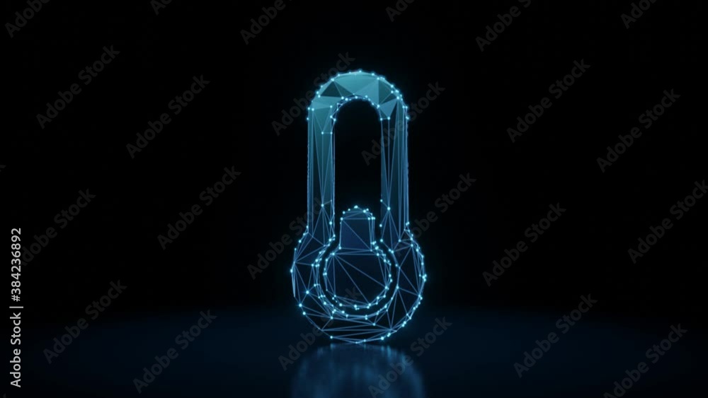 Poster 3d rendering 4k fly through wireframe neon glowing symbol of thermometer quarter with bright dots on