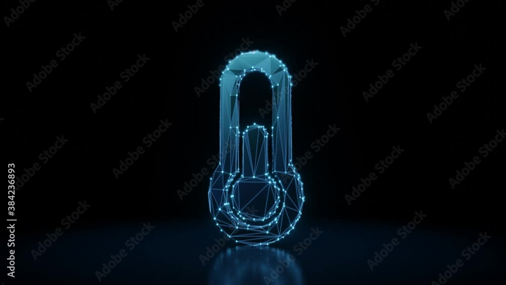 Poster 3d rendering 4k fly through wireframe neon glowing symbol of thermometer half with bright dots on da