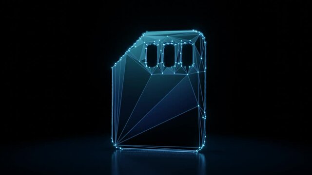 3d rendering 4k fly through wireframe neon glowing symbol of memory card with bright dots on dark background with blured reflection on floor