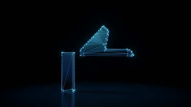 3d rendering 4k fly through wireframe neon glowing symbol of thumb up button with bright dots on dark background with blured reflection on floor