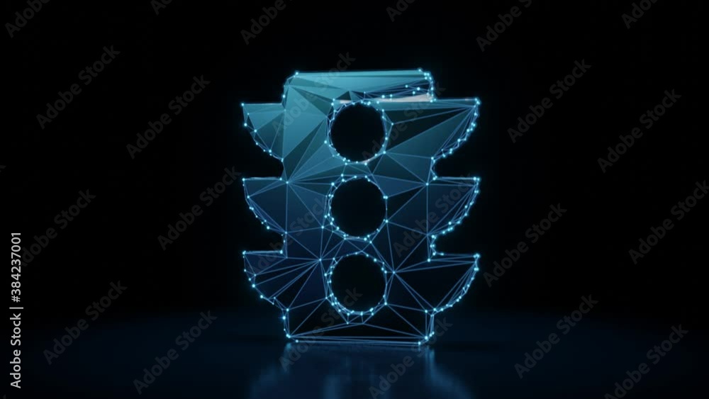 Poster 3d rendering 4k fly through wireframe neon glowing symbol of traffic light with bright dots on dark 