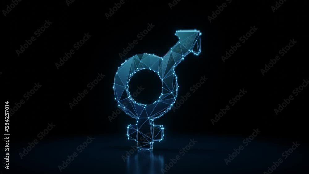 Poster 3d rendering 4k fly through wireframe neon glowing symbol of transgender sign with bright dots on da