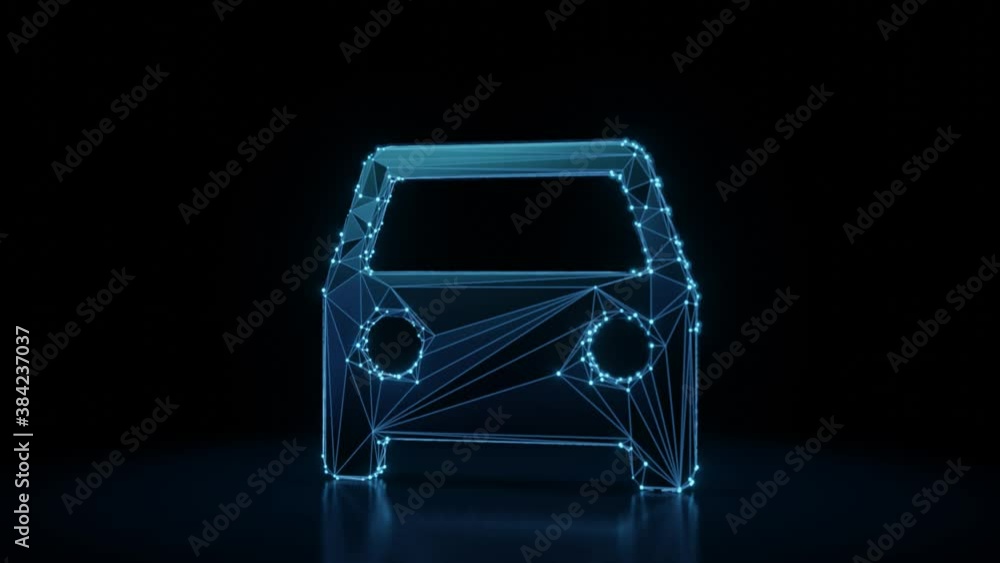 Poster 3d rendering 4k fly through wireframe neon glowing symbol of car from front view with bright dots on