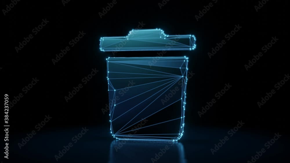 Poster 3d rendering 4k fly through wireframe neon glowing symbol of trash bin with bright dots on dark back