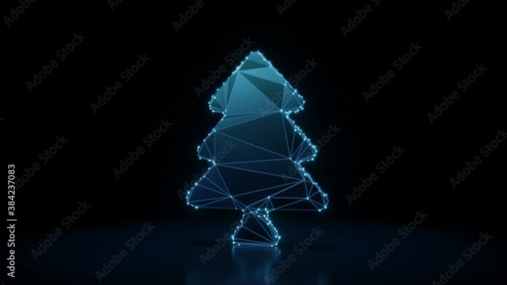 Poster 3d rendering 4k fly through wireframe neon glowing symbol of coniferous tree with bright dots on dar
