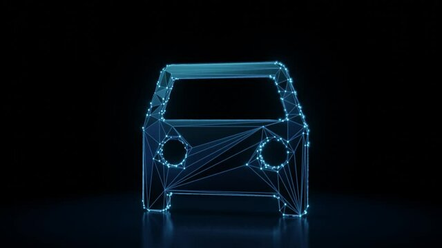 3d rendering 4k fly through wireframe neon glowing symbol of car from front view with bright dots on dark background with blured reflection on floor