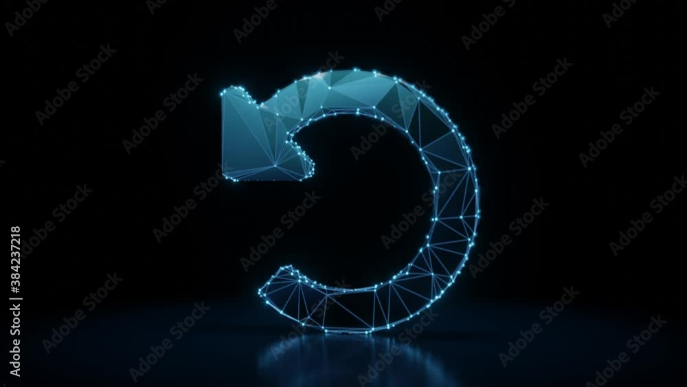 Aufkleber 3d rendering 4k fly through wireframe neon glowing symbol of undo arrow with bright dots on dark bac