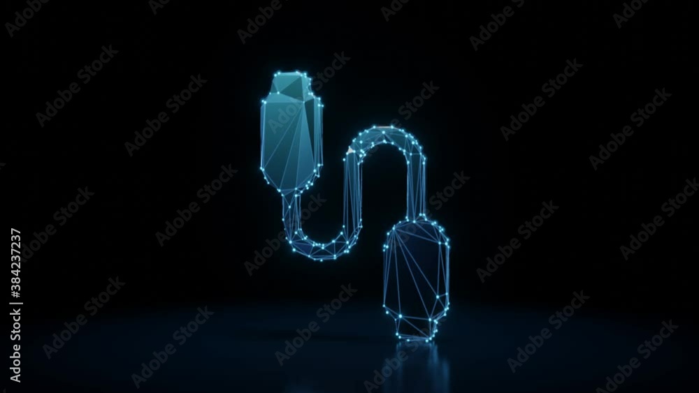 Poster 3d rendering 4k fly through wireframe neon glowing symbol of usb cable connector with bright dots on
